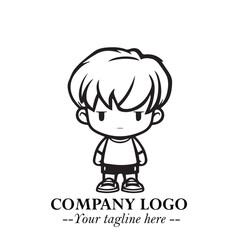 Black and White Chibi Boy Illustration with Jacket and Boots in Bold Thick Line Art Minimal Style
