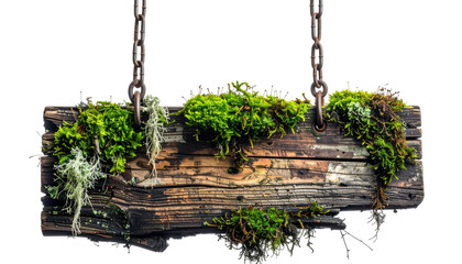 Mossy weathered wood sign hanging from chains against black