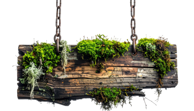 Mossy weathered wood sign hanging from chains against black