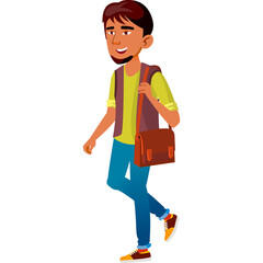 Young Man Walking with a Messenger Bag Wearing a Green Shirt Yellow Vest Blue Jeans and Sneakers on a White Background