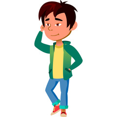 Young Person In Green Jacket Yellow Shirt Blue Jeans Standing On White Background With Hand On Head
