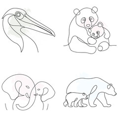 Pelican Panda Family in Minimalist Line Art Style Keywords: pelican, panda, continuous line art bundle