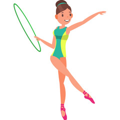 Young Woman Athletic Dancer Performing Rhythmic Gymnastics With A Green Hoop In A Turquoise And Yellow Leotard And Pink Ballet Shoes And A Bun Hairstyle