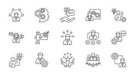 Expert thin line icon set. Containing knowlwdge, advice, professional, competence, consultant, specific, skill, aptitude, expertise, know how . Vector illustration