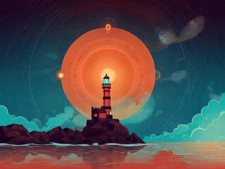 Stylized lighthouse illuminated at sunset or sunrise digital art illustration