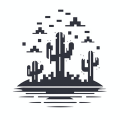 Stylized Desert Landscape Featuring Three Cacti Silhouette on White Background