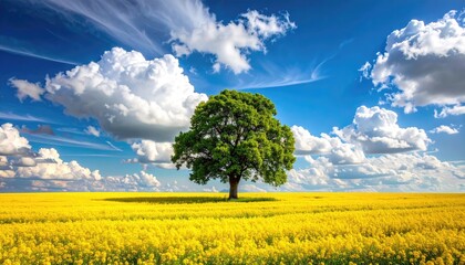 Vibrant yellow canola field under a dramatic blue sky with fluffy white clouds highlighting a solitary green oak tree in the distance on a bright sunny day.