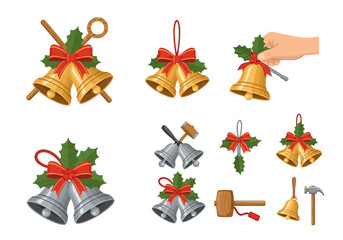 Festive Christmas Bells with Holly and Red Bows.