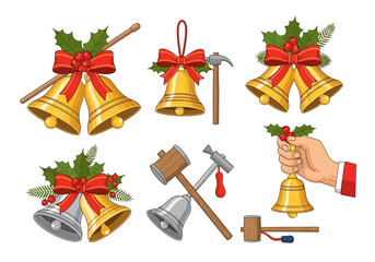 Cartoon Christmas Bells with Holly Ribbons and Hammers in Various Arrangements.