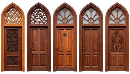 Five arched, ornately carved brown wooden doors in a row