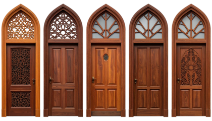 Five arched, ornately carved brown wooden doors in a row
