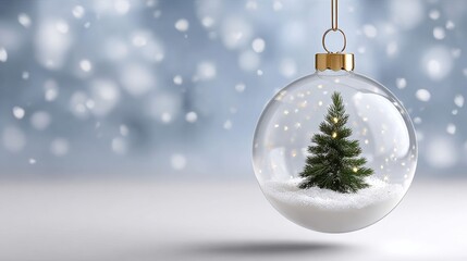 A Christmas tree is inside a glass ornament. The ornament is hanging from a string. The background is a snowy scene