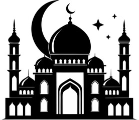 Silhouette of mosque with tall minarets isolated on white background