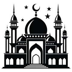 Silhouette of mosque with tall minarets isolated on white background