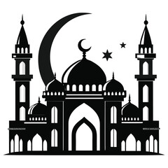 Silhouette of mosque with tall minarets isolated on white background