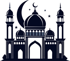 Silhouette of mosque with tall minarets isolated on white background