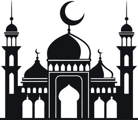 Silhouette of mosque with tall minarets isolated on white background