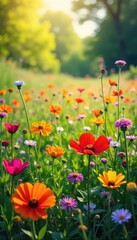 Vibrant wildflowers bloom in a sun-drenched meadow, creating a breathtaking tapestry of color and texture  Perfect for nature, spring, and floral themes ,  peaceful,  landscape