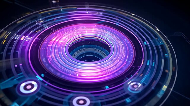Initializing holographic rings rotating in digital void for data visualization with orbiting nodes