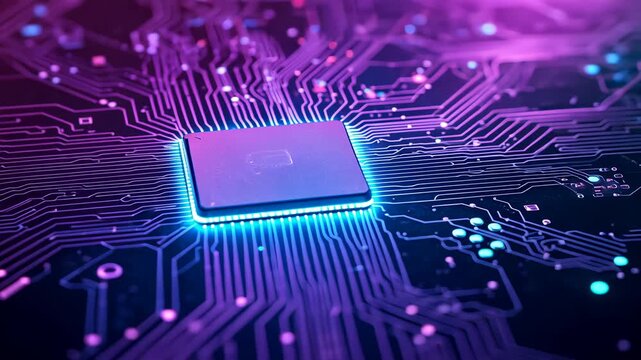 Glowing microprocessor causing pulses traveling along copper traces in purple glow, suggesting data