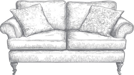 Vintage engraving of a cozy classic sofa with cushions — elegant line art interior element in black, gray, white tones.