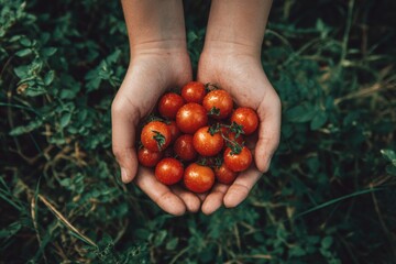 Hands holding freshly harvested cherry tomatoes, vibrant red fruits nestled among green foliage, showcasing the beauty of organic gardening and sustainable agriculture
