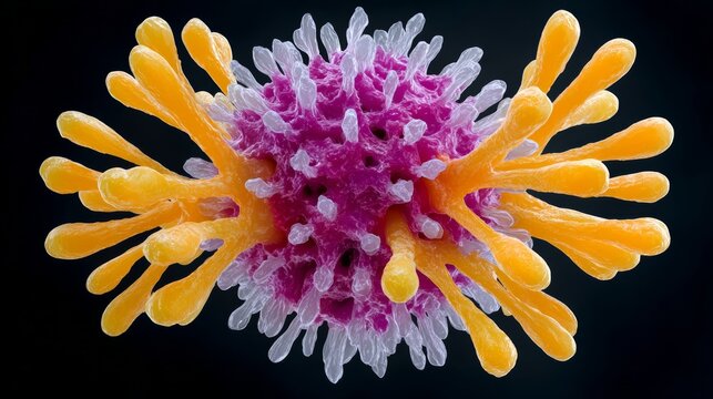 A virus is shown in a close up with orange and pink colors. The virus is surrounded by a purple and white background