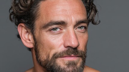 Fototapeta premium Man's Headshot Backdrop in Gray Studio: Skincare and Facial Hair Care