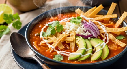 Warm Mexican Sopa de Tortilla Featuring Rich Broth Crispy Toppings and Fresh Creamy Avocado