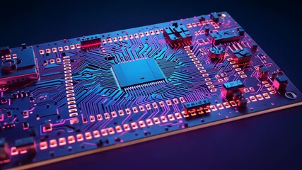 Zooming camera focusing on PCB lying on table, revealing microcontroller and copper traces - Powered by Adobe