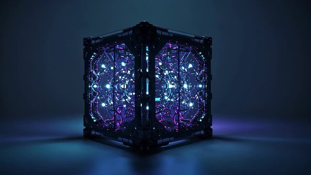 Underlighting activating rotating cube in studio, with pulsing energy core and glowing circuitry