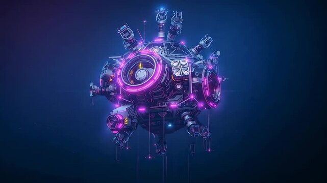 Lights pulsing initiating spherical device rotating in dark void, revealing neon rings and vents