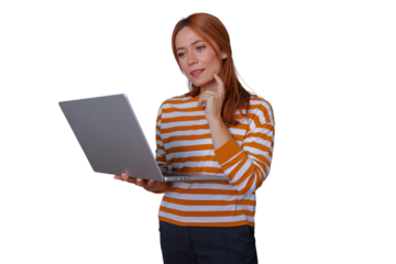 Young redhead woman pondering, holding a laptop, considering ideas for a project or online learning. Transparent background