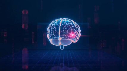 Launching pink pulse after nodes appearing, scanning rotating neon wireframe brain over grid - Powered by Adobe