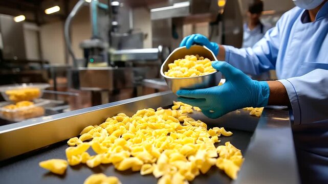 Back view of production worker's shoulders framing focused macaroni pieces on stainless steel conveyor belt, with copy space
