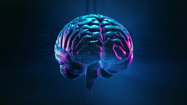 Rotating 3D brain model in digital space with neon circuit graphics highlighting digital energy - Powered by Adobe