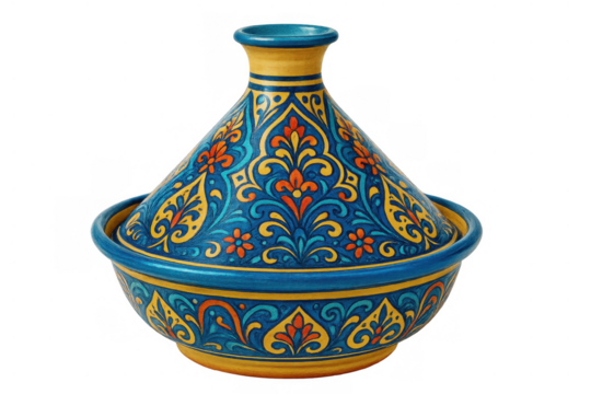 Moroccan tagine cooking pot with colorful traditional geometric ornate patterns, ceramic dishware on transparent background