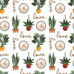 plant chair interior furniture with green cute plant stylish leopard poster seamless pattern with clock and lettering love