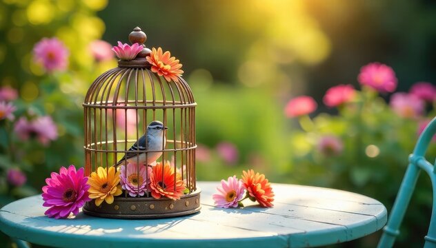 A birdcage sits on a sun-drenched patio table, surrounded by vibrant summer blooms The scene is peaceful and evokes a sense of carefree summer days , sun, heat, escape - Powered by Adobe