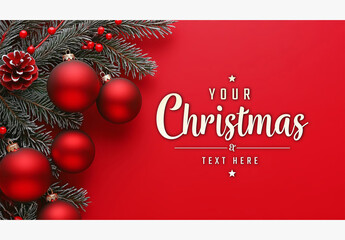 Red Christmas Card Mockup With Decorations