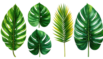 Variety of green tropical leaves isolated on a black background