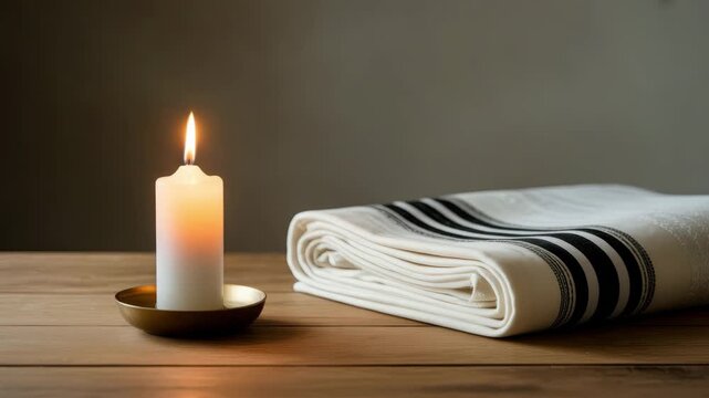 The scene evokes a peaceful atmosphere for Yom Kippur. A lit candle beside a folded white tallit with black stripes on a wooden table.
