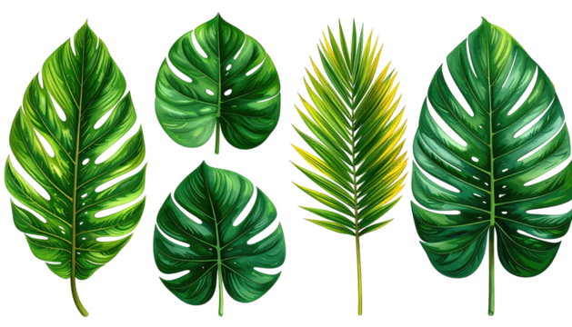 Variety of green tropical leaves isolated on a black background