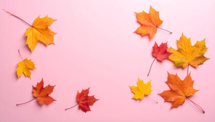 Autumn leaves on pink background creating a frame, seasonal concept.