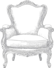 Vintage engraving of an ornate classic armchair — elegant baroque line art furniture element in black, gray, white tones.