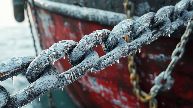 Ice-covered chain of a boat rests against a weathered hull in a cold, wintry harbor - Powered by Adobe