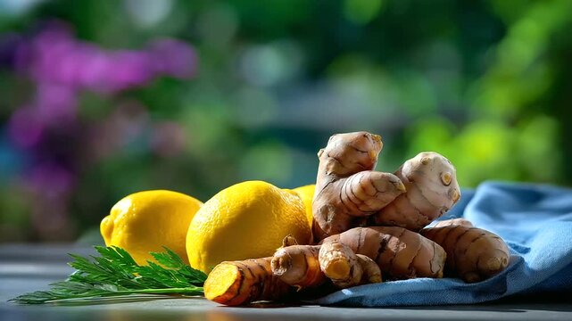 Defocused close-up of fresh turmeric and ginger roots with blurred lemon and honey in the background, soft morning light, organic healing atmosphere, with copy space.