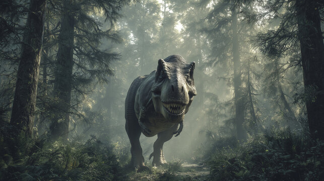 AI-generated image - A realistic Tyrannosaurus Rex walking through a misty prehistoric forest, surrounded by dense trees and soft sunlight creating a mysterious atmosphere.