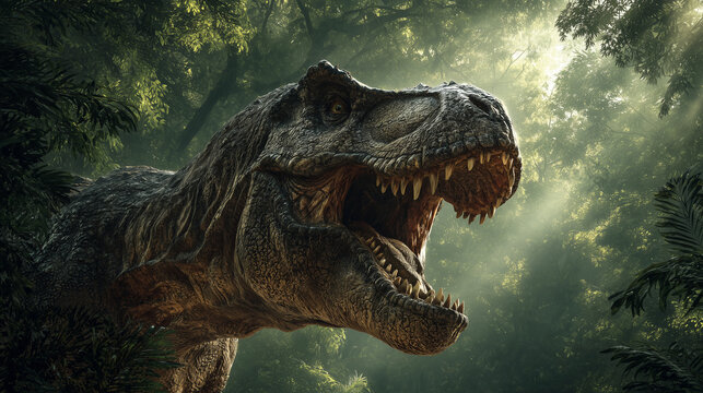 AI-generated image - A massive Tyrannosaurus Rex roaring fiercely in a prehistoric jungle, surrounded by dense tropical vegetation and dramatic sunlight filtering through the trees.