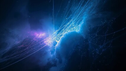 Pulsing filaments within energy cloud converging, bursting in digital void, forming bright blue web - Powered by Adobe